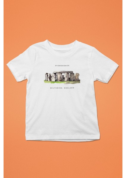 Stonehenge Baskılı Unisex Beyaz Tshirt