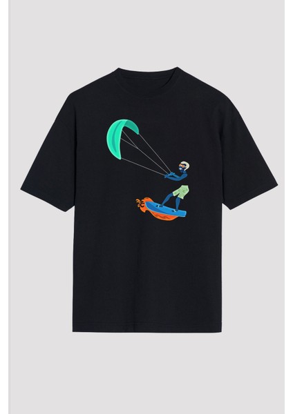 Zoka Wear Uçurtma Kayağı - Kite Board Baskılı Unisex Siyah Tişört