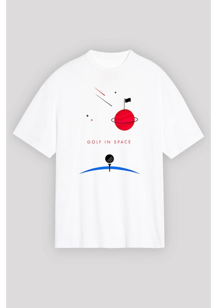 Golf Baskılı Unisex Beyaz Tişört - Tshirt