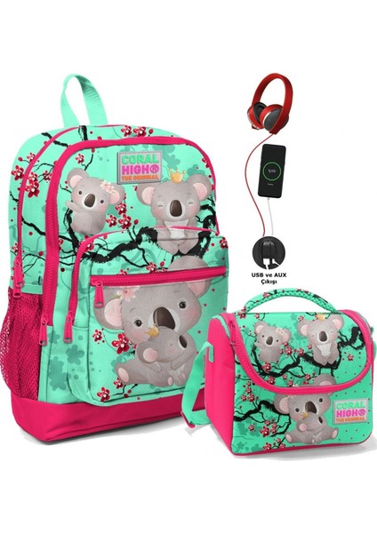 Okul Çantası ve Beslenme Çantası Seti - Kız Çocuk Yeşil Koala - USB Soketli