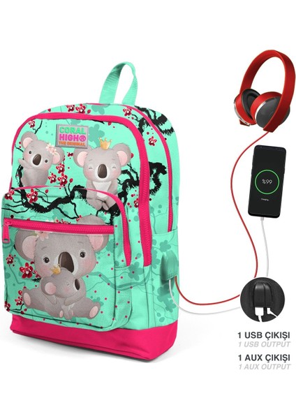 Okul Çantası ve Beslenme Çantası Seti - Kız Çocuk Yeşil Koala - USB Soketli