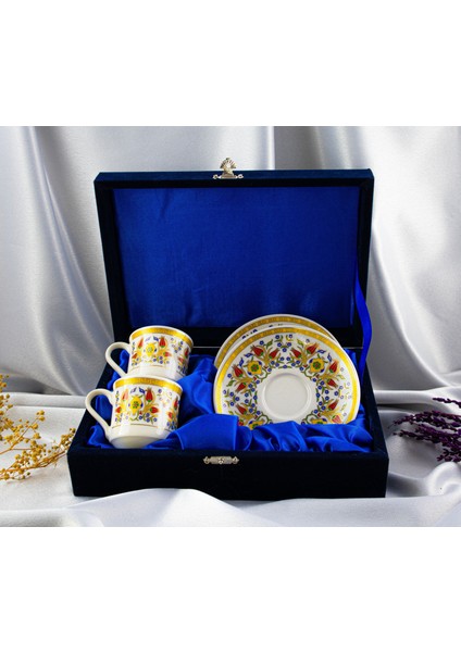 2'li Altın Yaldızlı Porselen Fincan Takımı Kadife Kutulu