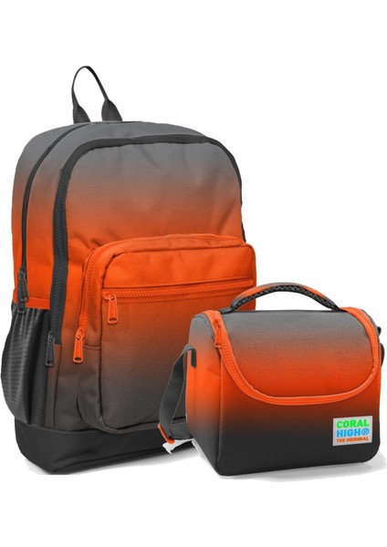 Erkek Çocuk Ilkokul Okul Sırt Çantası ve Beslenme Çanta Seti - Siyah Turuncu Gradyan