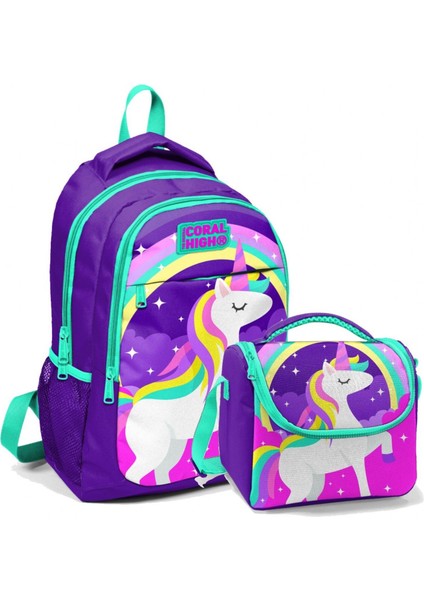 Okul Sırt Çantası ve Beslenme Çantası Seti - Kız Çocuk Mavi Unicorn