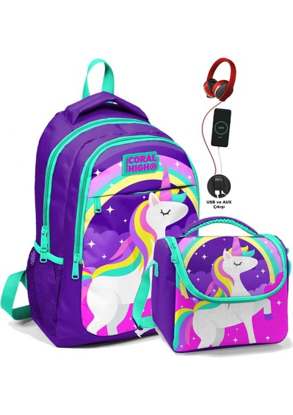 Okul Sırt Çantası ve Beslenme Çantası Seti - Kız Çocuk Mor Unicorn - USB Soketli