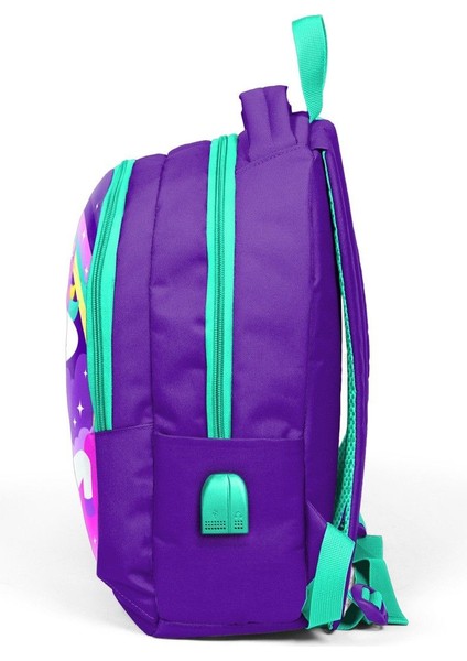 Okul Sırt Çantası ve Beslenme Çantası Seti - Kız Çocuk Mor Unicorn - USB Soketli modelleri