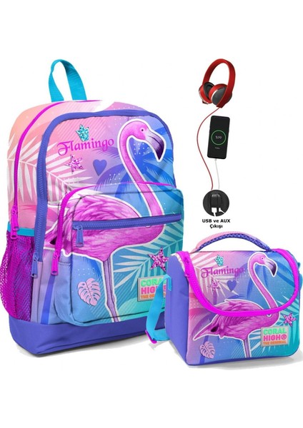 Okul Çantası ve Beslenme Çantası Seti - Kız Çocuk Pembe Flamingo - USB Soketli