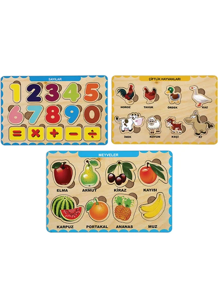 3 Adet Ahşap Bul Tak Eğitici Yapboz Puzzle