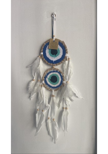 2 Halkalı Mavi Tasarımlı Beyaz Tüylü Dream Catcher Rüya Düş Kapanı