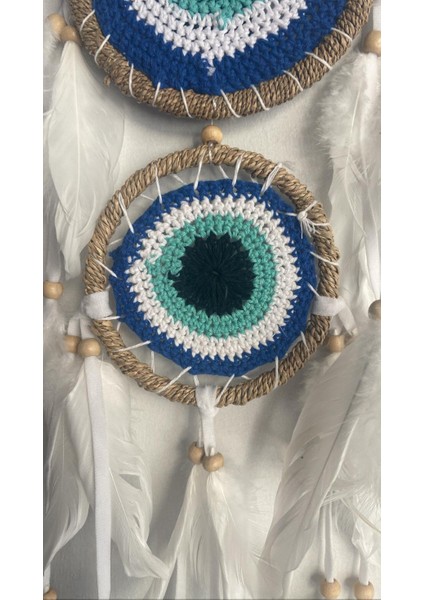 2 Halkalı Mavi Tasarımlı Beyaz Tüylü Dream Catcher Rüya Düş Kapanı