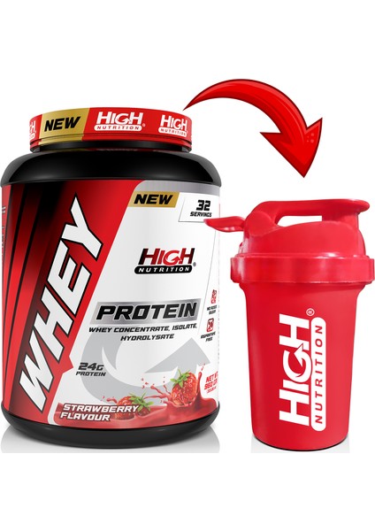 Whey Protein 960 gr Çilek Aromalı Protein Tozu 24 Gram Protein 32 Servis Shaker Hediyeli