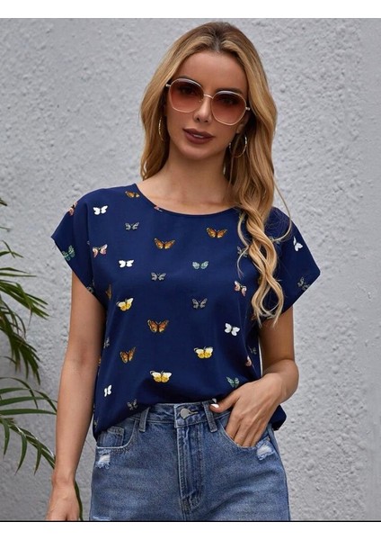 Kadın Kelebek Moskrep Kumaş T-Shirt indirimleri