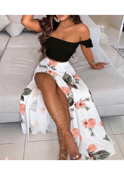 Kadın Üst Kısa Kollu Madonna Yaka Gipeli Viskon Bluz, Alt Yırtmaçlı Çiçek Desenli Dalgıç Etek Ikili Takım fiyatları