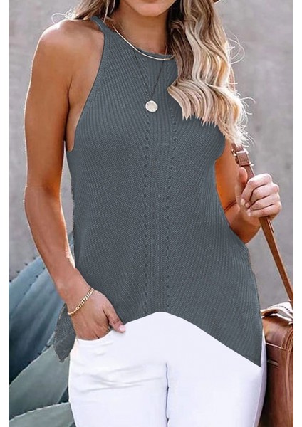 Kadın Askılı Halter Yaka Etek Ucu Oval Kesim Triko Bluz