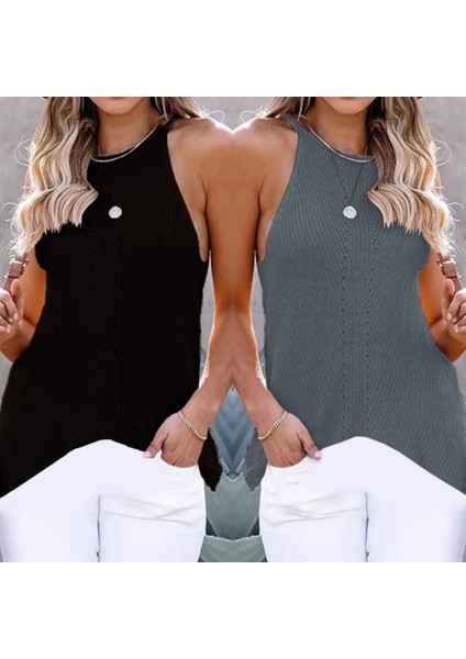 Kadın Askılı Halter Yaka Etek Ucu Oval Kesim Triko Bluz fiyatları