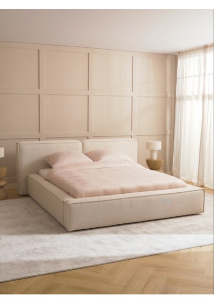 Mode Soft Döşemeli 2 Kişilik Baza Başlık Set Kırık Beyaz Keten Kumaş (Dairenize Teslim Kurulum Dahil)