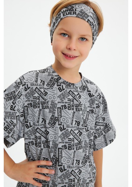 Gri-Gri Erkek Çocuk Pamuklu Penye Oversize Gri T-Shirt Bandana 2'li Takım
