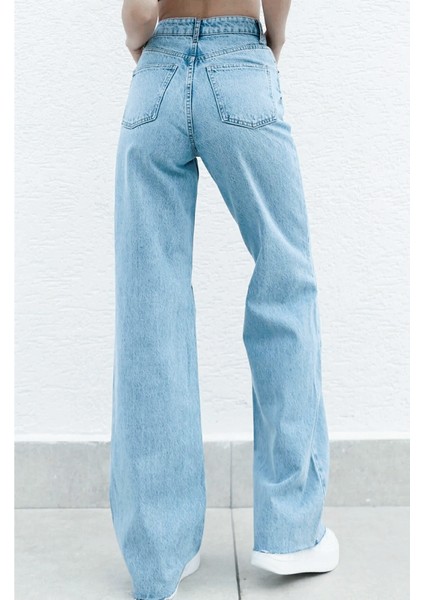 Buz Mavi Likralı Boyfrind Bol Paça Kot Pantolon modelleri