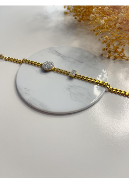 Çelik Geometrik Taşlı Zincir Bileklik Gold
