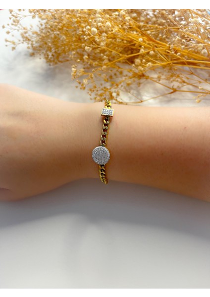 Çelik Geometrik Taşlı Zincir Bileklik Gold modelleri