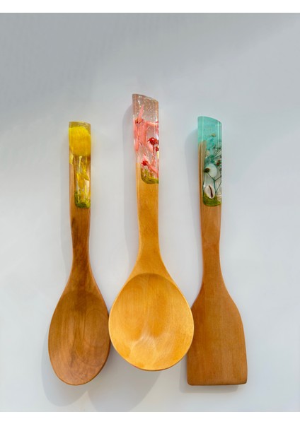 Summer Series 3 Adet El Yapımı Bambu Mutfak Seti Kaşık, Kepçe, Spatula