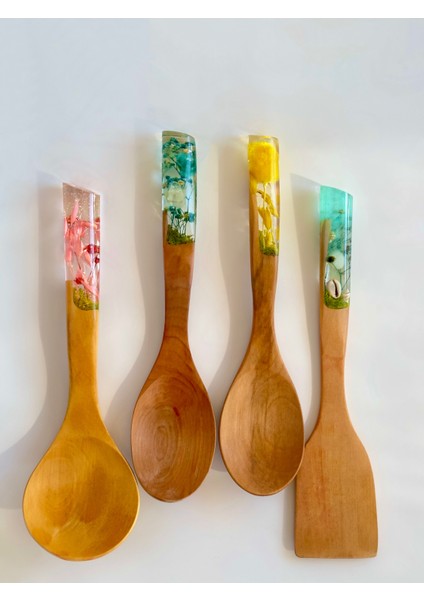 Summer Series 4 Adet El Yapımı Bambu Kaşık Seti 2 Kaşık, Kepçe, Spatula