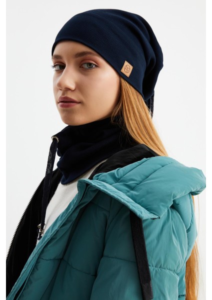 Lacivert 3'ü Bir Arada Balıkçı Style Bere +İpli Bere + Boyunluk Hafif Pamuklu Kışlık Set