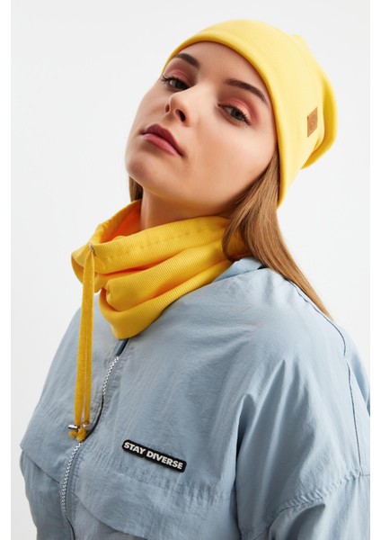 Sarı Kadın Balıkçı Style Pamuklu Kaşkorse Terletmez Ultra Hafif Yumuşak Bere Boyunluk Takım