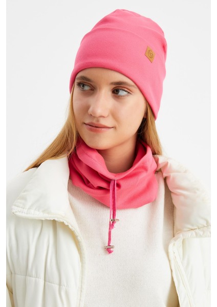 Pembe 3'ü Bir Arada Balıkçı Style Bere +İpli Bere + Boyunluk Hafif Pamuklu Kışlık Set