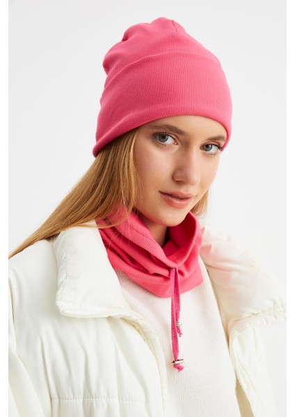 Pembe 3'ü Bir Arada Balıkçı Style Bere +İpli Bere + Boyunluk Hafif Pamuklu Kışlık Set modelleri