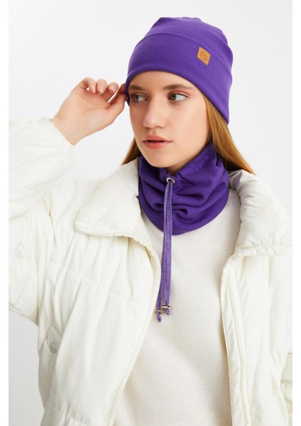 Mor 3'ü Bir Arada Balıkçı Style Bere +İpli Bere + Boyunluk Hafif Pamuklu Kışlık Set