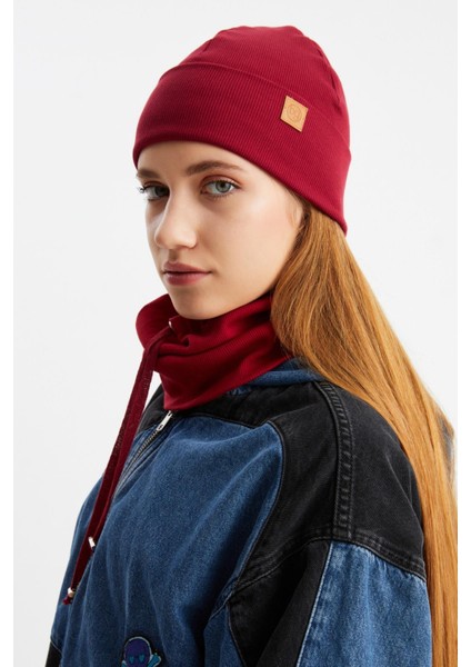 Bordo Kadın Balıkçı Style Pamuklu Kaşkorse Terletmez Ultra Hafif Yumuşak Bere Boyunluk Takım