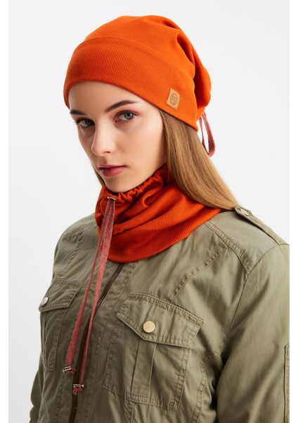 Kiremit Kadın Pamuklu Kaşkorse Terletmez Ultra Hafif ve Yumuşak Bere Boyunluk Takım