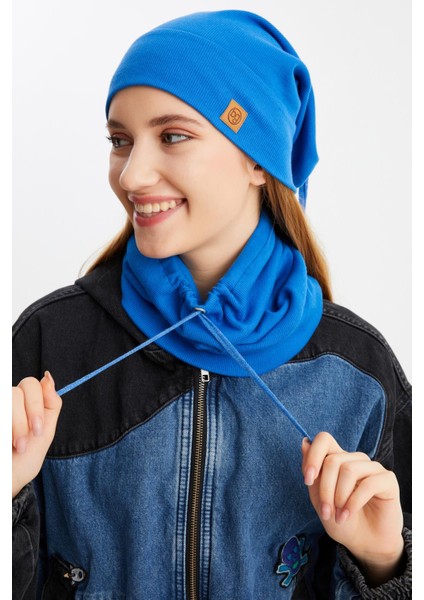 Mavi 3'ü Bir Arada Balıkçı Style Bere +İpli Bere + Boyunluk Hafif Pamuklu Kışlık Set