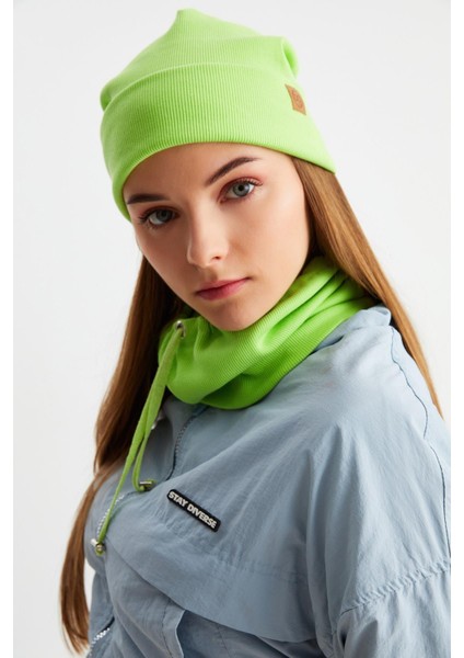 Fıstık Yeşili Kadın Balıkçı Style Pamuklu Kaşkorse Terletmez Ultra Hafif Yumuşak Bere Boyunluk Takım