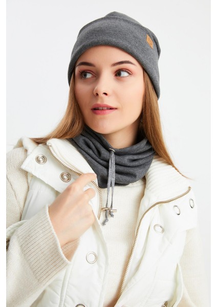 Füme Kadın Balıkçı Style Pamuklu Kaşkorse Terletmez Ultra Hafif Yumuşak Bere Boyunluk Takım