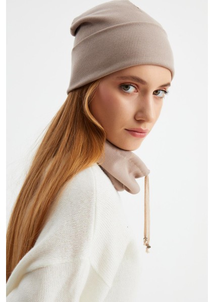 Sütlü Kahve Kadın Balıkçı Style Pamuklu Kaşkorse Terletmez Ultra Hafif Yumuşak Bere Boyunluk Takım