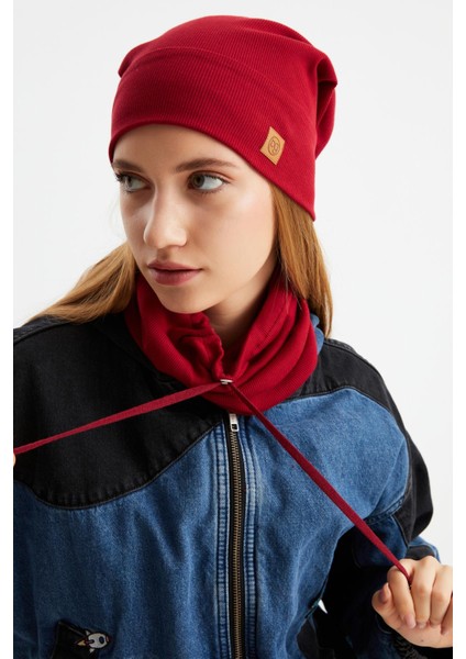 Bordo 3'ü Bir Arada Balıkçı Style Bere +İpli Bere + Boyunluk Hafif Pamuklu Kışlık Set