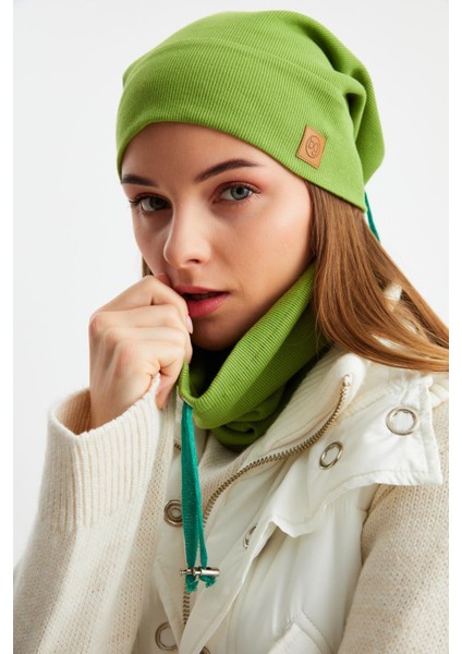 Yeşil 3'ü Bir Arada Balıkçı Style Bere +İpli Bere + Boyunluk Hafif Pamuklu Kışlık Set