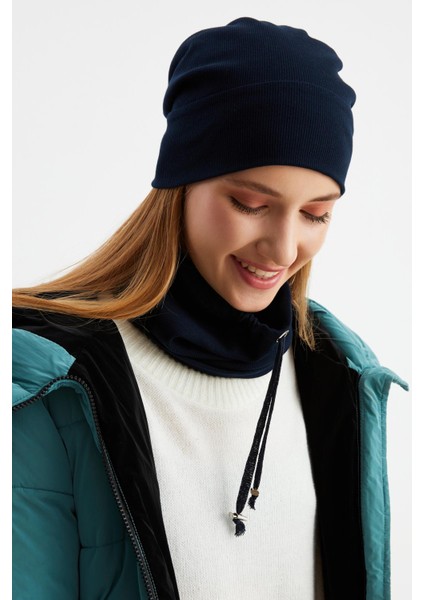 Lacivert 3'ü Bir Arada Balıkçı Style Bere +İpli Bere + Boyunluk Hafif Pamuklu Kışlık Set modelleri