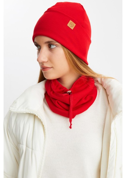 Kırmızı 3'ü Bir Arada Balıkçı Style Bere +İpli Bere + Boyunluk Hafif Pamuklu Kışlık Set