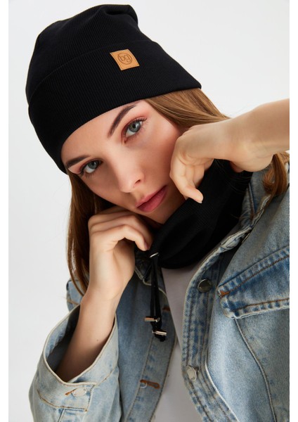 Siyah Kadın Balıkçı Style Pamuklu Kaşkorse Terletmez Ultra Hafif Yumuşak Bere Boyunluk Takım