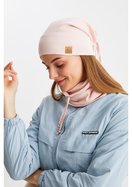 Pudra Kadın Pamuklu Kaşkorse Terletmez Ultra Hafif ve Yumuşak Bere Boyunluk Takım