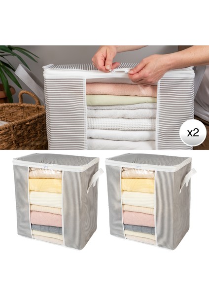 2 Adet Pencereli Çizgi Desen Baskılı Yastık Pike Battaniye Düzenleyici Hurç Seti 45x30x50 cm