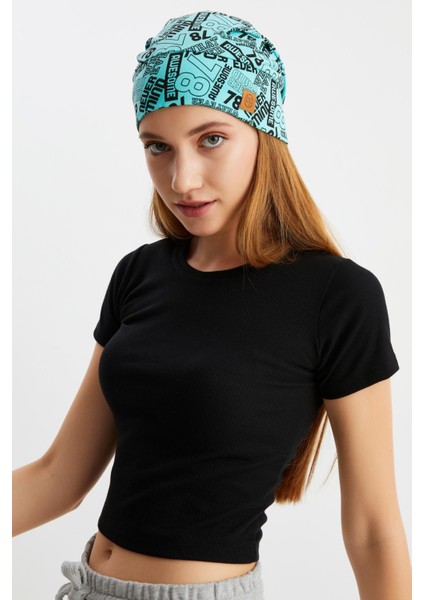 Kadın Turquaz Desenli 4 Mevsim Pamuklu Esnek Ultra Yumuşak Hafif Terletmez İp Penye Şapka