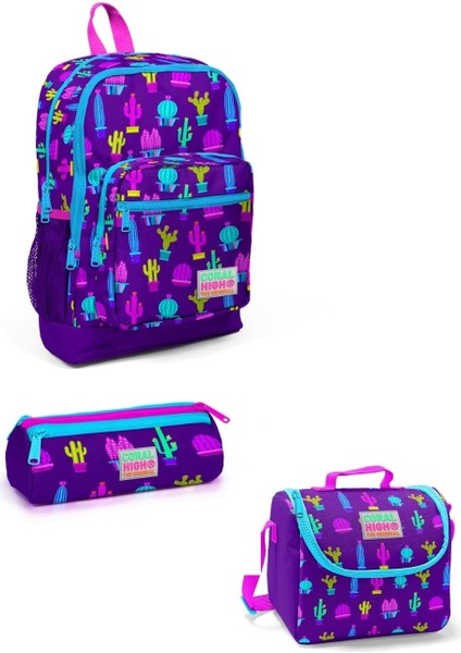 Coral High Kids Mor Pembe Kaktüs Desenli 3’Lü Okul Çanta Seti 23108