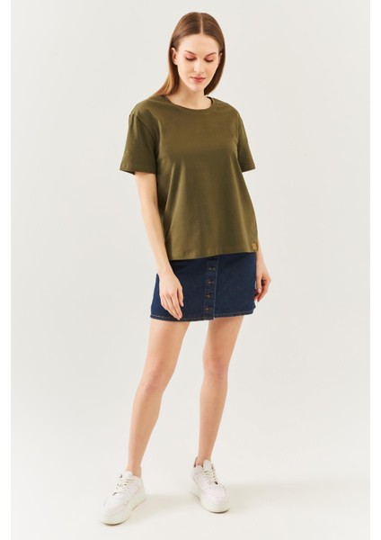 Haki Oversize Rahat Pamuklu Penye Bisiklet Yaka Kısa Kol Basic T-Shirt modelleri