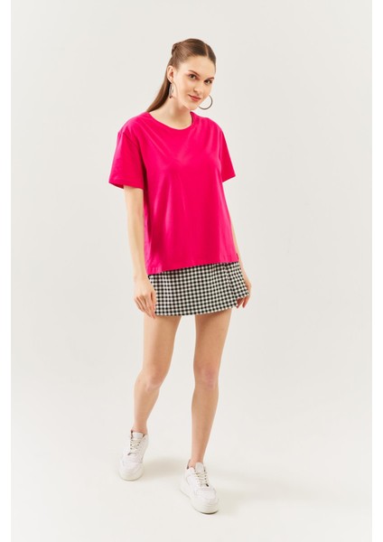 Fuşya Oversize Rahat %100 Pamuklu Penye Bisiklet Yaka Kısa Kol Basic T-Shirt modelleri