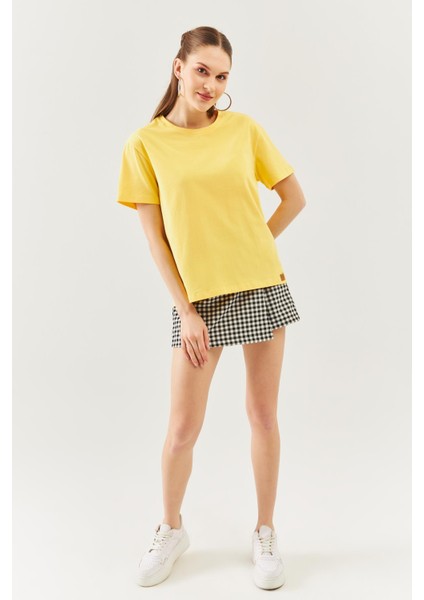 Sarı Oversize Rahat %100 Pamuklu Penye Bisiklet Yaka Kısa Kol Basic T-Shirt modelleri