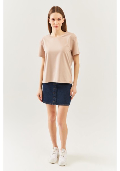 Açık Kahve Oversize Rahat %100 Pamuklu Penye Bisiklet Yaka Kısa Kol Basic T-Shirt